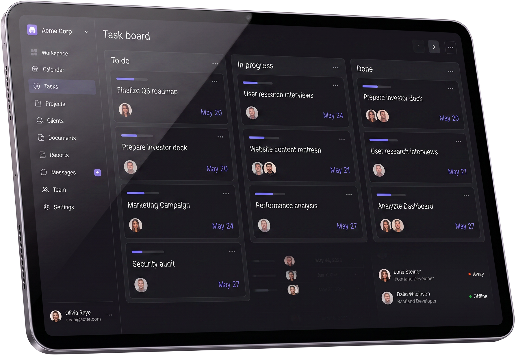 The Monoliths workspace on an iPad showing a kanban task board with to do, in progress and done columns