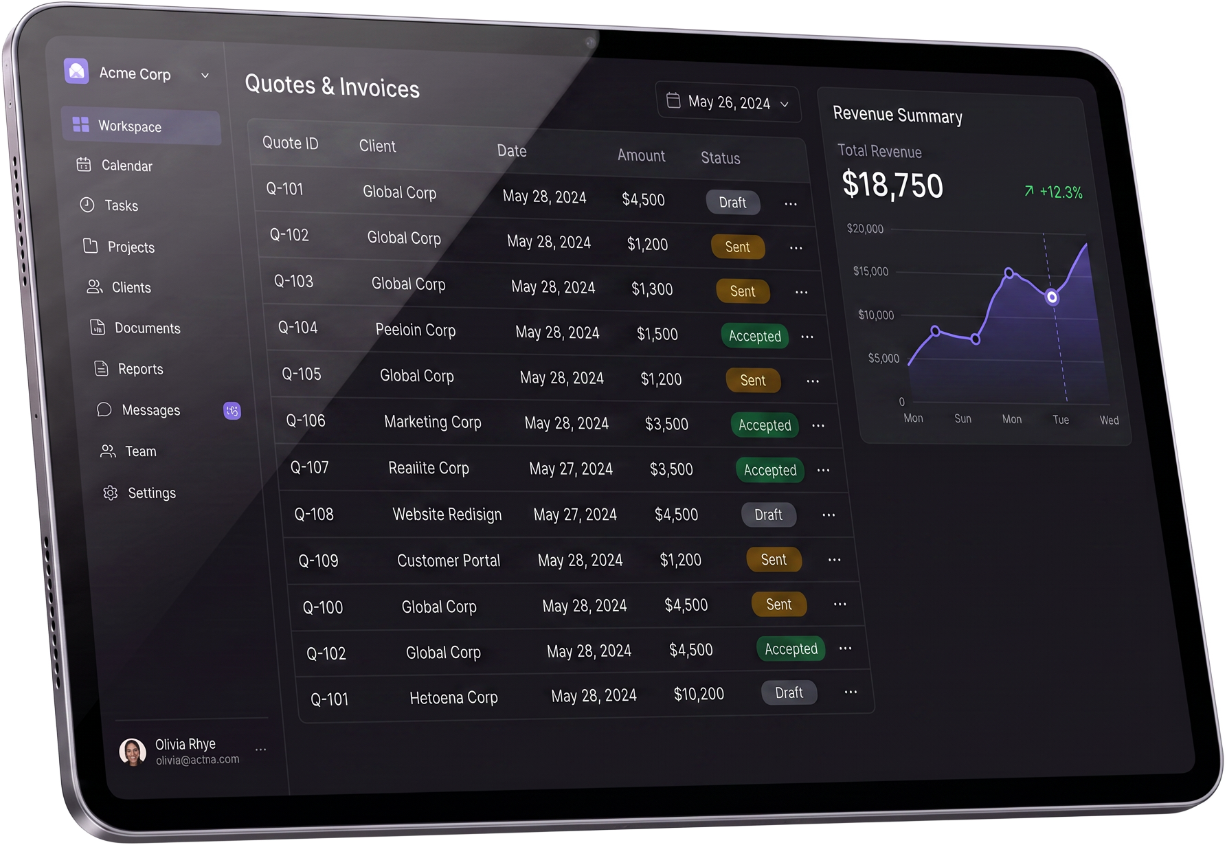The Monoliths workspace on an iPad showing client quotes with status pills and a revenue summary chart