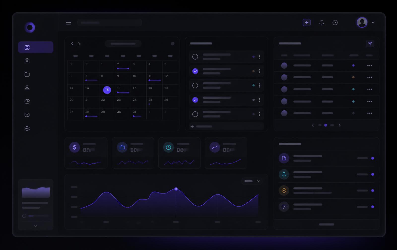 The Monoliths workspace showing a month calendar, task list, quote table and project metrics on a dark interface